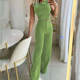 kamames Solid Women Pant Two Piece Set Sleeveless O-neck Slim Naked Waist Top Wide Leg Pants Suit Chic Office Lady Clothing