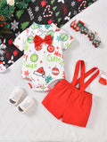 Adorable Boys' Christmas Party Outfit Set - Short Sleeve Shirt & Suspender Shorts, Machine Washable, Stretch Fabric, Perfect for Outdoor