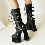 kamames Super High Heel Women Boots Fashion Patetnt Leather Mid Calf Boots Metal Belt Buckle Motorcycle Boots Autumn Winter Shoes