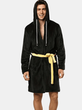 Mens Knee Length Robe With Hood Soft Warm Fleece Plush Bathrobe Winter Solid Color Spa Robe With Waistbelt