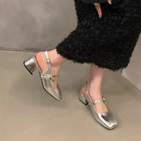 kamames kamames Silver Mary Jane Shoes Women's Shoes 2024 New Summer Temperament Thick Heel Square Head Shallow One Word With Single Shoes