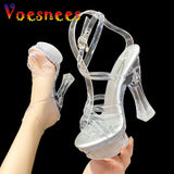 kamames Women Sandals Female Model T Station Catwalk Sexy Crystal Transparent Women Shoes 14CM High Heels Waterproof Square Heel Sandals