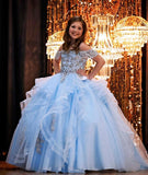 Sky Blue Girl Pageant Dress  Lace Applique Champagne Ruffle Tulle Little Kid Birthday Formal Cocktail Party Gown Infant Toddler Teen Tiny Junior Miss Mini Quince