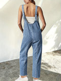 Plain Washed Blue Loose Fit Casual Style Adjustable Strap Denim Overalls Dungarees, Women's Denim Jeans & Clothing