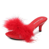 kamames Solid Color Feather Fairy Slippers Summer Transparent Sandals Thin High Heels Sexy Fur Crystal 6cm Low Heel Derss Women Shoes