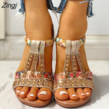 kamames New Gladiator Wedge Heels Elastic Band Crystals Summer Women Shoes Woman Sandals Leisure Beach Sandals Large Size 35-43