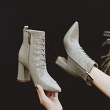 kamames Style Womne's High Heeled Ankle Boots,Autumn/Winter Shoes Female Snake Pattern Patent Leather Short Boot Black Brown