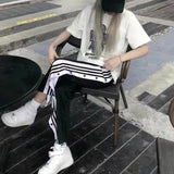 kamames Y2K Striped Joggers Sweatpants Women Button Slit Baggy Wide Leg Pants Streetwear Elastic High Waist Loose Casual Trousers
