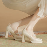kamames kamames Square Head Thick Heel High Heels 2024 Spring French Pearl One Word Buckle Satin Wedding Shoes Bride Shoes