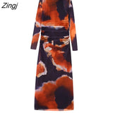 kamames New Women Vintage Ink Painting Print Mesh Slim Midi Dress Female Long Sleeve Back Zipper Side Pleat Party Vestidos DS2566