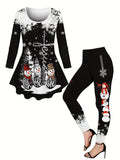 Women's Festive Christmas Snowman & Snowflake Print Long Sleeve Dress with High-Waist Leggings Set - Casual, Machine Washable