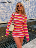 kamames Stripe Knit Women Dress Bodycon Backless Long Sleeve 2022 Holiday Casual Summer Green Y2K Beach Mini Sexy Dresses Party