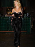 Zingj Sexy Off Shoulder Velvet Maxi Corset Dress Lace Black Evening Party Dresses with Gloves Runway Outfits 2023 Women