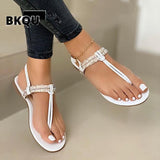 kamames women summer shoes 2022 fashion rhinestone sandals women's  one word plus size flat beach sandals women