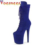 kamames Pure Colour Lace Up Model Walk Show Short Boots Suede Stripper 20CM Super High Heel Shoe Women Candy Color Platforms Party Pumps