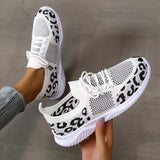 kamames Size Women's Leisure Sports Shoes 2023 New Leopard Print Round Head Ties With Flat Soles And Comfortable Mesh Surface Women's Shoes