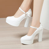 kamames Heels, Thick Heels, Walking Shoes, Women's Leather Waterproof Table, Round Head Cheongsam Show Shoes, Black Professional Work Shoes.