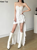 kamames Sexy Y2K Irregular Ruffle Dress Women Chic Korean White Black Sleeveless Party Club Long Dresses Female Clothes