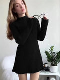 kamames kamames Neck Solid Knitted Ribbed Mini Dress Women Elegant Long Sleeve Slim Fit Short Dress 2023 Autumn Fashion Female Party Robes 1127-1