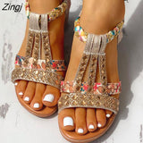 kamames New Gladiator Wedge Heels Elastic Band Crystals Summer Women Shoes Woman Sandals Leisure Beach Sandals Large Size 35-43