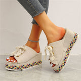 kamames size slippers women's 2022summer woven fish mouth shoes fabric one word lace sponge cake thick bottom sandals and slippers