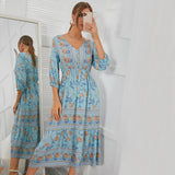 kamames Queens Women Long Sleeve Front Button Ethnic Floral Print Beach Bohemian Maxi Sundress Ladies Cotton Boho Dress Vestidos