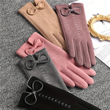 1 Pair Thickened Bowknot Decor Cycling Windproof Gloves, Warm Plus Velvet Cycling Cold-proof Touch Screen Gloves, Outdoor Winter Fleece Gloves