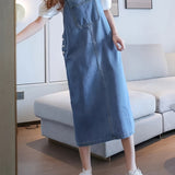 Effortless Chic Midi Denim Pinafore Dress - Versatile, Durable with Front Pockets for Spring/Fall