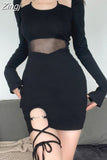 kamames Asymmetrical Fashion Bodycon Halter Neck Black Dress Mini Gothic Lace Up Mesh Spliced Club Sexy Women's Dresses Robe