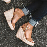 kamames Style 2023 Slope Heel Women's Shoes Straw Braided Hemp Rope Large Size Female Sandals Clasp Fish Mouth Sandals Women