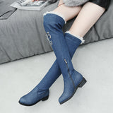 kamames Women's Gorgeous Blue Denim Over The Knee Boots Flat Heel Thigh Boots Zipper Autumn Winter Woman Shoes 2018 Size 34-43