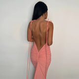 kamames Summer Big Backless Maxi Dress For Women Gown Summer Spaghetti Strap Sleeveless Ruched Club Party Long Dress Vestido