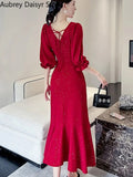 Zingj Midi Red Mermaid Dress Women Autumn Korean Sexy V-neck Irregular Sequins Dress Vintage Casual Evening Party Dress 2023