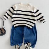 Boys Knit Pullover Sweater – Comfy Striped Cotton Casual Crew Neck Pullover Top For Fall/Winter