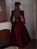 kamames Winter Vintage Christmas Red Velvet Dress French Elegant Square Collar Evening Party Prom Vestidos Women Clothes