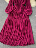 kamames Autumn Women Draped Chiffin Dress Femael Vintage Round Neck Puff Long Sleeve High Waist A-Line Loose Pleated Robe New