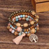 4-Piece Set of Exquisite Bohemian Life Tree Flow Hematopewood Beaded Bracelets - Multi-Layered, Stylish, and Meaningful Jewelry for Women - Perfect for Everyday Wear and Gift Giving