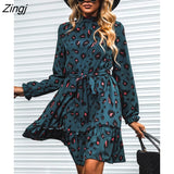 kamames PETAL Belted Blue Leopard Mini Dress For Woman Sexy Mock Neck Long Sleeve Party Dress 2023 Spring Autumn Female Sundress