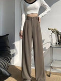 kamames Waist Wide Leg Pants for Women New Loose Straight Coffee Trousers Autumn Double Buttons Casual Suit Pants Female