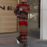 kamames Office Loose Suit 2023 Fall Retro Pattern Print Two Piece Set Women Turtleneck Long Sleeve Top and Straight Pants Outfit