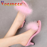kamames Solid Color Feather Fairy Slippers Summer Transparent Sandals Thin High Heels Sexy Fur Crystal 6cm Low Heel Derss Women Shoes
