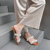 kamames ZAR 2022 Summer New Women's Shoes With Girly Beach Shoes Casual Flat Pearl Slippers For Women's Outer Wear Luxury Plus Size 43