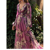 kamames Women V Neck Long Sleeve Flroal Print Purple Dress 2023 New Prom Robe Holiday Beach Vestido 1028-1