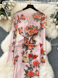 Zingj Autumn Sexy Long Dress Fashion O Neck Long Sleeves Slim Korean Mesh Sheer Floral Print Maxi Dress