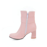 kamames Comfortable Thick Heel Ankle Boots Fashion Buckle Zipper Boots Women Round Toe Fall Winter Shoes Black White Pink