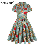 kamames Bird Print Summer 2022 Women Vintage Dress Beach Green Retro Pin UP Casual Party Robe Rockabilly 60s Swing Sundress