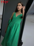 kamames Summer V-Neck Green Women'S Dress 2022 Casual Loose Sleeveless Office Midi Dresses Elegant Classic Ruched Female Dress