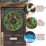 24" Pre-Lit Christmas Wreaths, Outdoor Lighted Christmas Wreath For Front Door, Christmas Red Berries, Pine Cones Wreath, Xmas Wreath Decor For Window Fireplace Indoor, Green