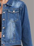 Women's Casual Long Sleeve Blue Denim Jacket - Vintage Style with Flap Pockets, Solid Color, Easy-Care for Spring/Fall