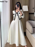 kamames Solid Midi Dress 2 Piece Set Office Lady Chic Suit Spring Short Jacket Sleveless A-line Dresses Outfits Korean Clothes